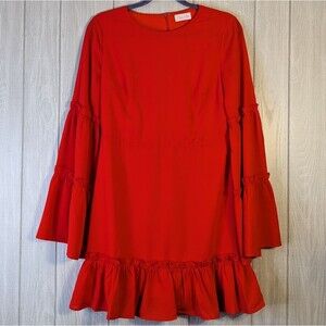 Pink Lily Red Boho Whimsical Dress Bell Sleeve Ruffle EUC SZ M